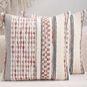 Boho Throw Pillow Covers 18x18 Set of 2 Farmhouse Decorative Cushion Case Striped Square Pillows Cover Chenille Pillow Cases Accent Neutral Pillowcase for Sofa Couch Bed,Rust Red