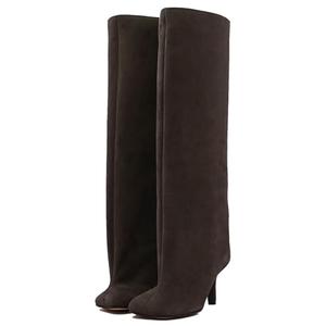 VOZTOLLS Women's Knee High Suede Boots for Women Wide Calf Square Toe Stiletto Heels Tall Boots Pull on High Heel Long Booties Brown Size 7.5
