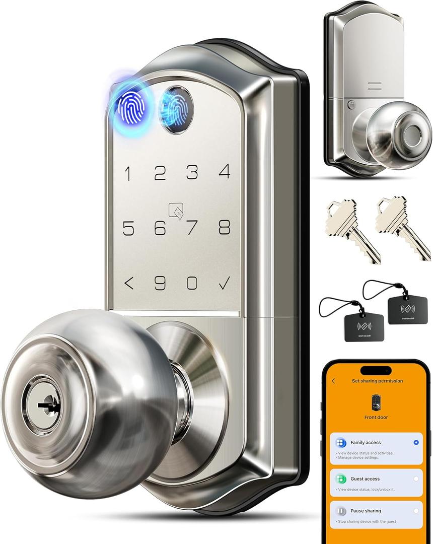 Veise VE018 Smart Knob Handle Lock - Fingerprint, App Control, Keyless Entry for Front Door and Bedroom, Electronic Digital Keypad, Auto Lock, Remote Access Sharing, IP55 Weatherproof, Satin Nickel