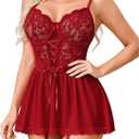 Girece Women's Lace Babydoll Lingerie Dress with Underwire Push up Bra Floral Lace Chemise Mini Skirt Lingerie Nightgown with Garter Belt (Wine Red, S)