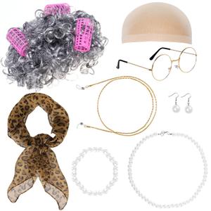 Old Lady Costume 100 Day of School Cosplay Set Grandma Wig Glasses Pearl Necklace Halloween Granny Dress Up(Old Lady Cosplay Set 1)