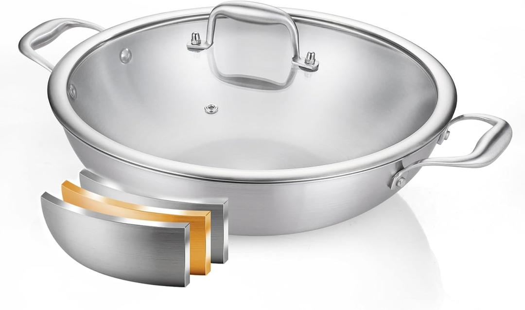 DELARLO Tri-Ply Stainless Steel Wok Pan With Lid, Fast & Even Heat 12Inch Large Frying pan, Induction Saute Pan, Dishwasher Safe Cooking Pan,Induction,Broiler Safe 600 (12"Double Handle)