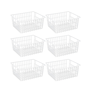 LOSYHU 6 Pack Freezer White Wire Baskets for Organizing Office Wire Storage Basket with Built-in Handles, 14" Large White Metal Baskets for Pantry Freezer Kitchen Cabinets