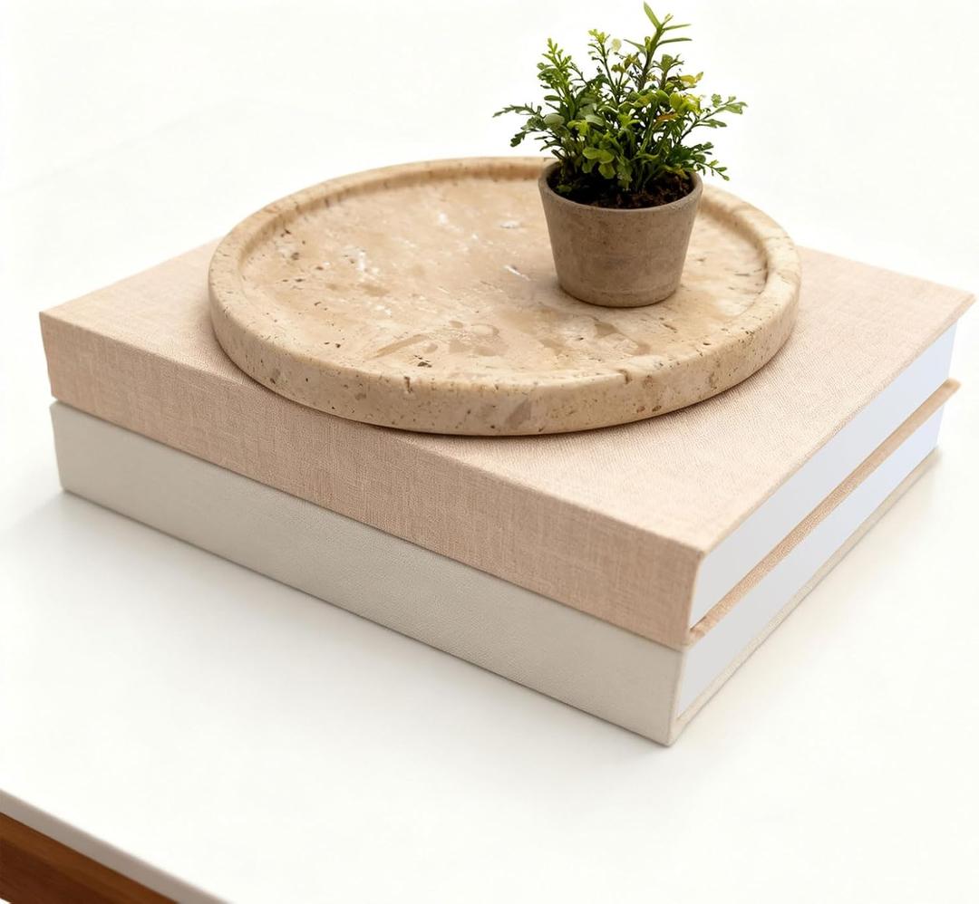 Decorative Books with Natural Travertine Marble Tray  Linen Covered Fake Books & Unique Yellow Stone Serving Tray 8"  Coffee Table Dining Entryway Shelf Decor for Living Room, Perfume, Plant