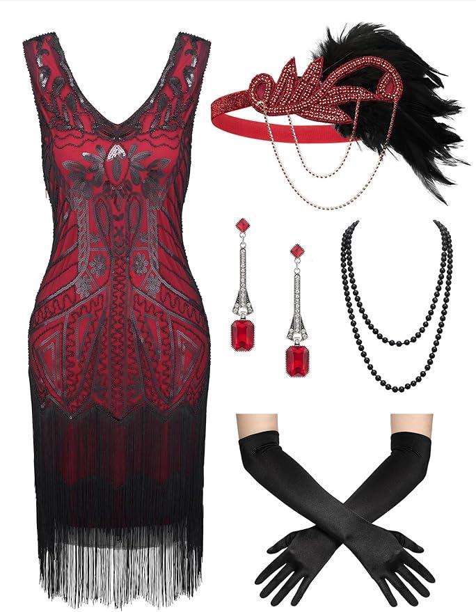 SWEETV Women's Vintage Flapper Dress 1920s,Great Gatsby Sequin Fringe dresses with 20s Accessories Set For Party Prom, S