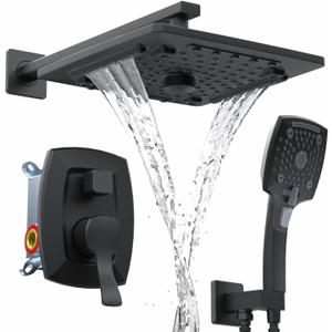 ELLO&ALLO Matte Black Bathroom Shower Faucet Set with Valve, Rainfall Shower Head with Handheld Combo