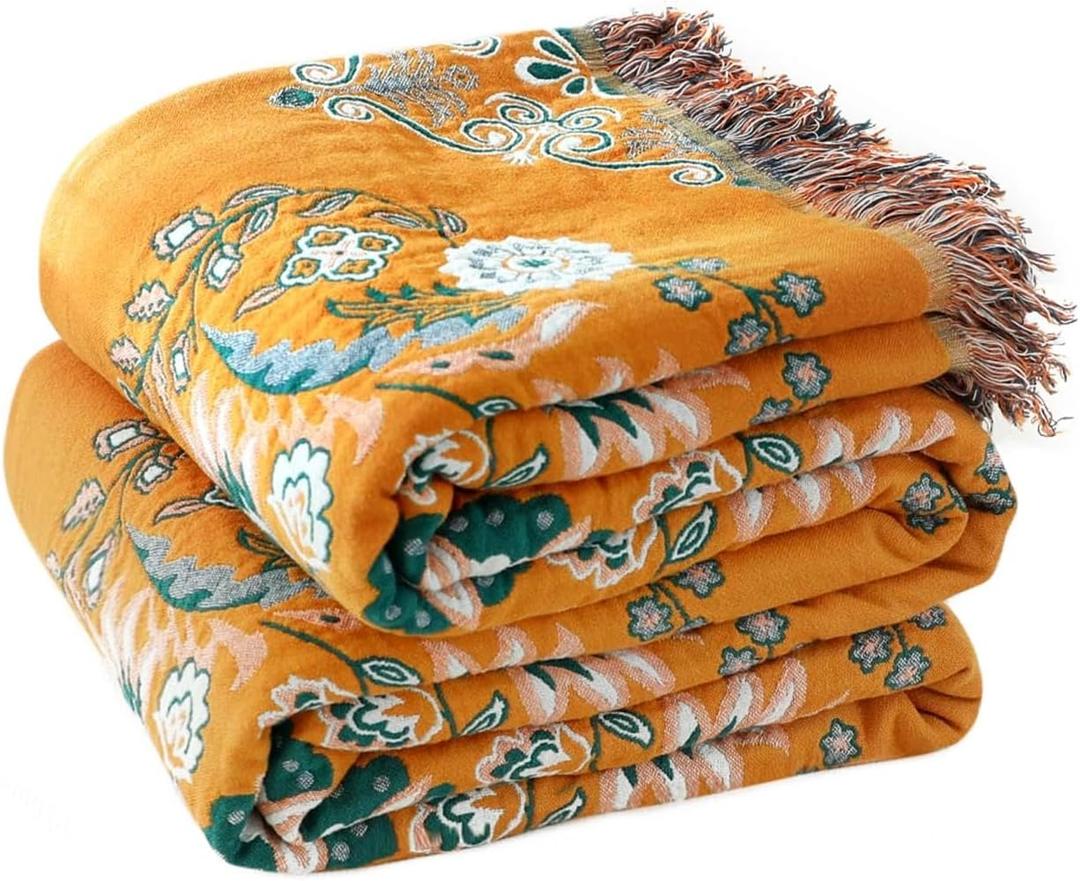 Boho Throw Blanket for Bed 100% Cotton Soft Lightweight Quilt Floral Embroidery Home Decor Spring Breathable Bed Blanket,60"x80" All Season Reversible Twin Yellow Blankets for Sofa Couch Chair, Boho-floral-a