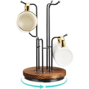 HULISEN 360 Rotating Mug Tree for Large Cups, Counter Coffee Mug Holder with 6 Hooks, Metal Coffee Cup Rack Stand for Countertop with Stable Wooden Base, Kitchen Counter Decor