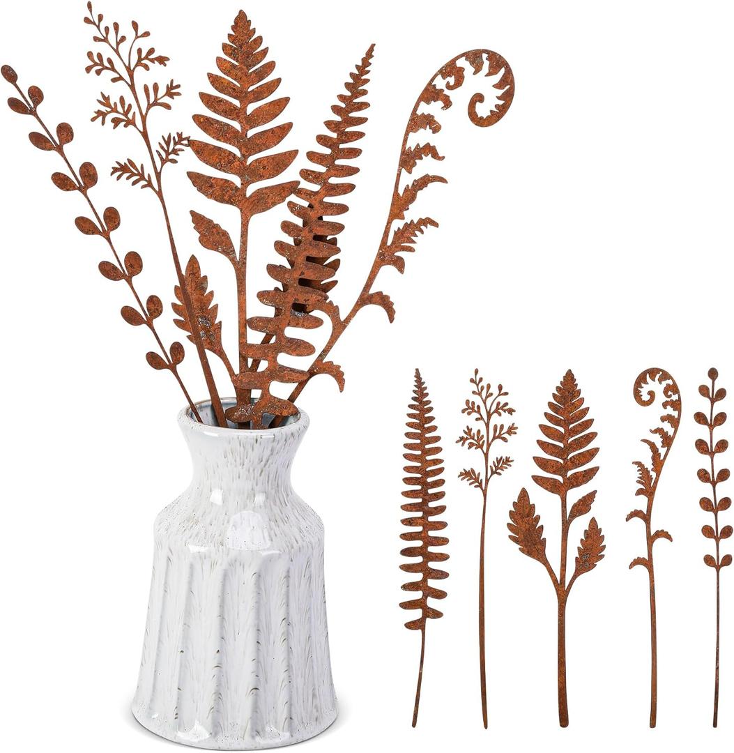 5 Pcs 14.2'' Longer Rusty Metal Flowers and Plants, Rustic Metal Fern Leaf Garden Stakes, Rusty Plant Shaped Decoration for Flower Arrangement Potted Plants Outdoor Lawn Yard Courtyard Art