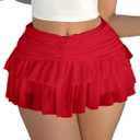 Women's Ruffle Ruched Skirts Tiered Layer Elastic Streetwear Mini Skirt Y2K Coquette Low Waist Flared Short Skirts Red Large
