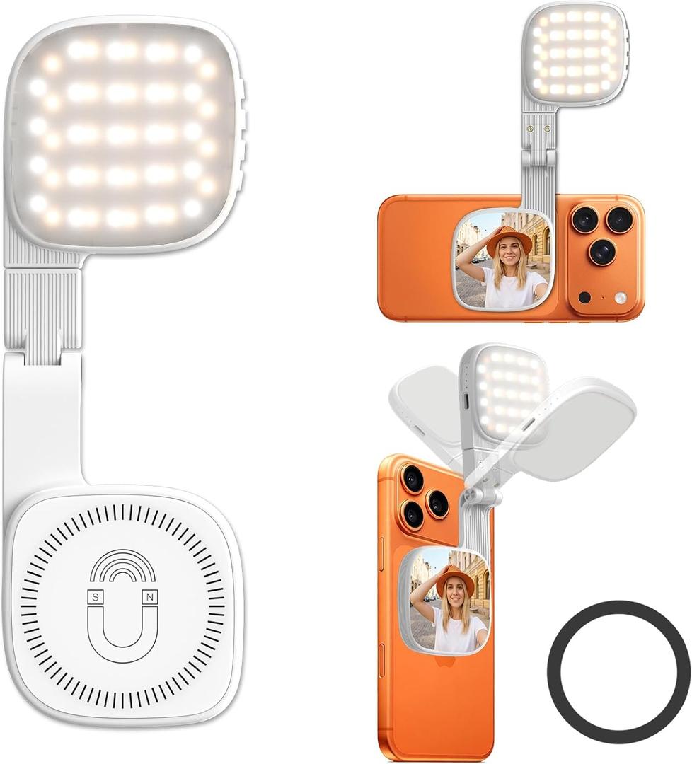 Diyife Magnetic Selfie Light for Phone, [Compatible with MagSafe] CRI95, 3 Modes, 45 LED, 360 Rotatable Phone Light with Foldable Mirror, Portable Selfie Ring Light for Zoom Makeup Video Conference
