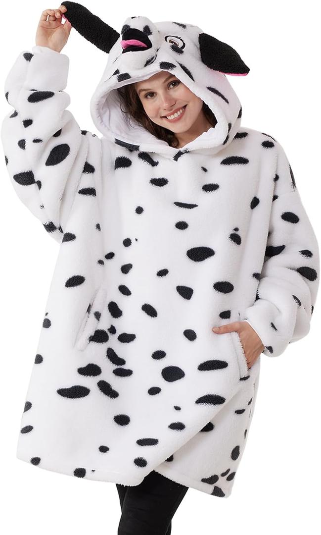 Kgromfy Unisex Animal Costume Novelty Oversized Pullovers Halloween Animal Cosplay Pajamas Warm Comfy Christmas Hoodie Outfit (Black Spots White)