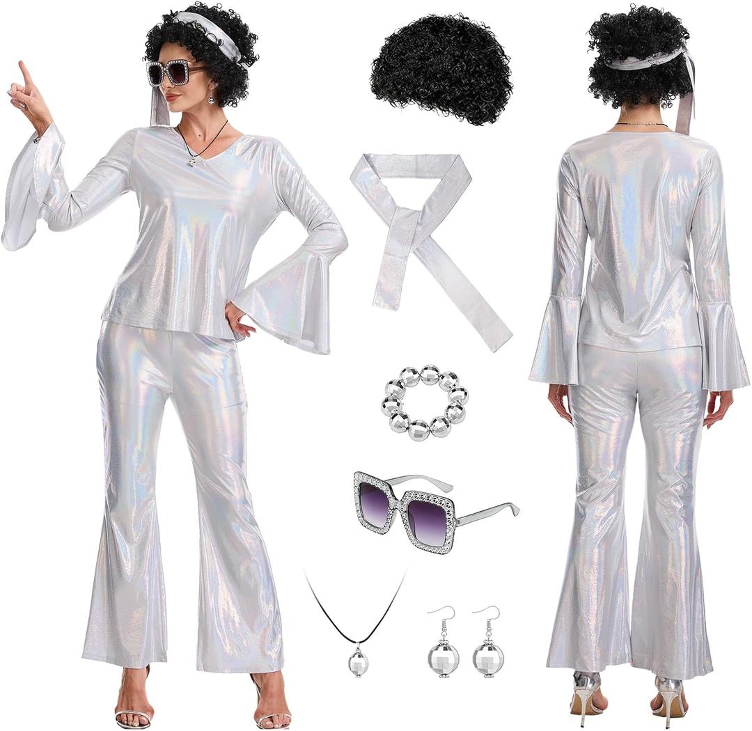GYQMBT 9 PCS Women 70s Disco Outfits, Disco Party Hippie Costume with Accessories Set for Halloween Cosplay Party.