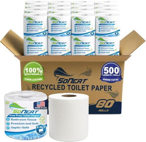 2-Ply Toilet Paper Bulk | Septic safe toilet paper | 40,000 Soft Sheets | 80 Rolls x 500 Sheets Each | Recycled Fiber & Strong Bath Tissue Mega Pack for Home & Commercial Use