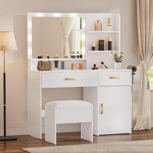 YITAHOME Vanity Desk with Mirror, Makeup Vanity Set with Power Strip, 9 Dimmable Bulbs, Drawers, Cabinet, Shelves, and Stool, 3-Color Adjustable Lighting, Elegant Vanity for Dressing Room, White