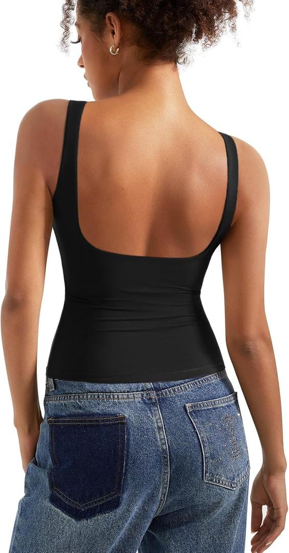 SUUKSESS Women Padded Open Back Boat Neck Tank Tops Double Lined Basic Shirts (Medium, Black)