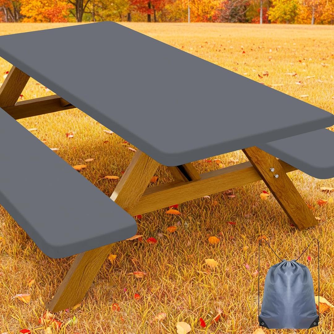 Smiry Picnic Table Cover with Bench Covers, Waterproof Elastic Fitted Polyester Tablecloths for 6 Ft Rectangle Tables, Washable Windproof Tablecloth for Camping, RV & Outdoor (Grey, 30x72 Inches) Smiry Picnic Table Cover with Bench Covers, Waterproof Elastic Fitted Polyester Tablecloths for 6 Ft Rectangle Tables, Washable Windproof Tablecloth for Camping, RV & Outdoor (Grey, 30x72 Inches)