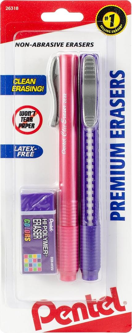 Pentel 2 Eraser Pack, 1 Clic Erasers, 1 Small Block eraser (ZEH0521BP3)