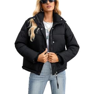 Womens Cropped Puffer Jacket Full Zip Quilted Jackets Warm Winter Coat Outerwear with Pockets (Medium, 12-black)