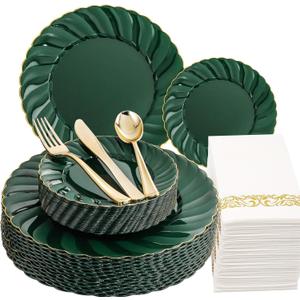 YOUBET 150PCS Emerald Green Plastic Plates - Green and Gold Disposable Dinnerware Include 50 Plates, 25 Knives, 25 Forks, 25 Spoons, 25 Napkins Ideal for Party & Wedding
