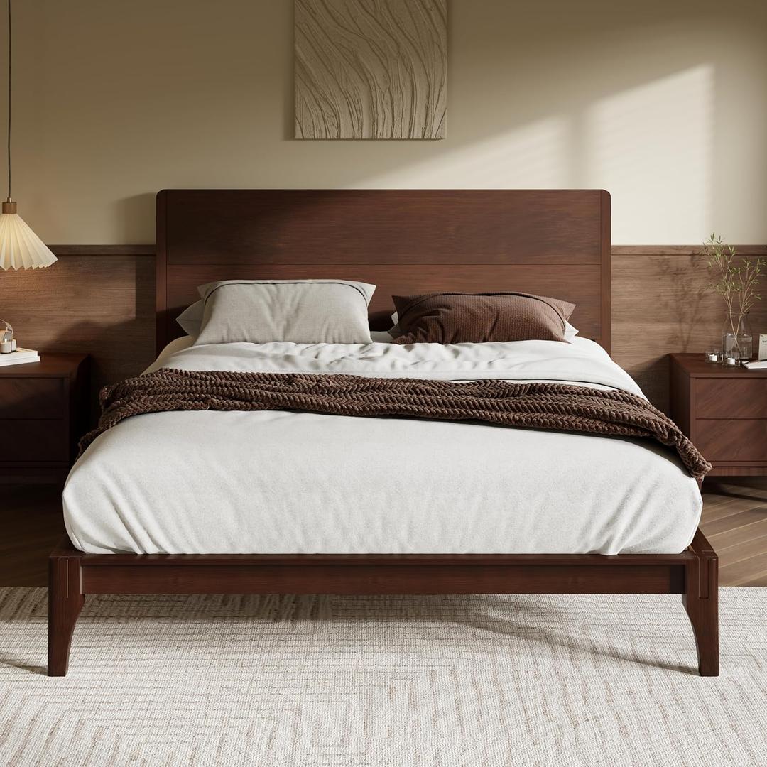 Merax Queen Size Bamboo Platform Bed, Mid-Century Modern Bed Frame with Tall Headboard, Solid Sustainable Bedframe Queen-Size, Wood Slat Support, No Box Spring Needed, Easy Assembly, Espresso (Chocolate)
