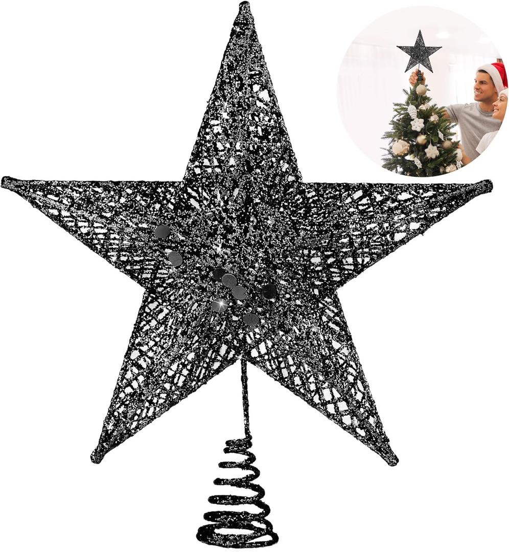 Fovths Christmas Tree Topper 8 Inches Metal Glittered Christmas Tree Topper Wire Star Treetop Sparkle Xmas Decoration for Christmas Tree Ornament Indoor New Year Holiday Party Supplies (Black)