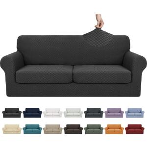 YEMYHOM Latest Checkered 3 Pieces Couch Covers for 2 Cushion Couch High Stretch Sofa Cover with 2 Extra Large Seat Cushion Covers Anti Slip Elastic Slipcovers (Black), 71"-91"(2 Cushions)