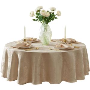 Newbridge Barcelona Luxury Damask Fabric Tablecloth, 70 Round, Golden Beige, 100% Polyester, No Iron, Soil Resistant Dining Room, Party and Banquet Table Cover