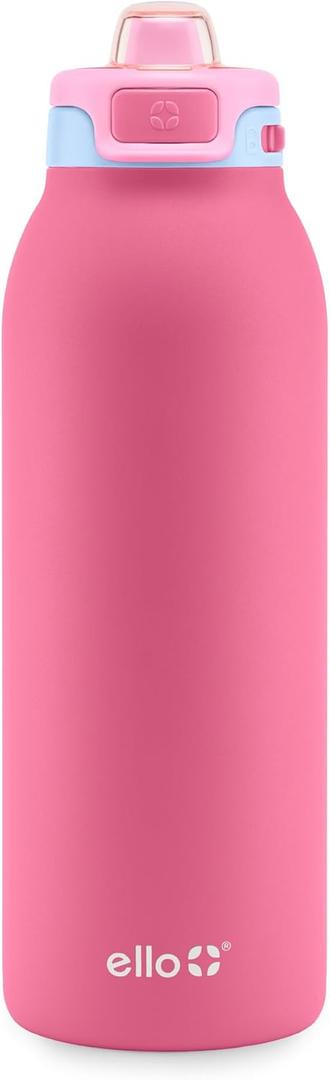 Ello Pop & Fill 40oz Stainless Steel Water Bottle with Quick Fill Technology, Double Walled and Vacuum Insulated Metal, Leak Proof Locking Lid, Sip and Chug, Reusable, BPA Free, Cherry Breeze