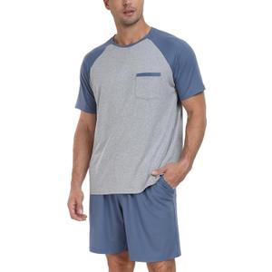 PrinStory Mens Pajama Sets Summer Pjs Sleepwear Nightwear Lightweight Quick Dry Soft Short Sleeve Sleep Set (Large, Gray Blue)