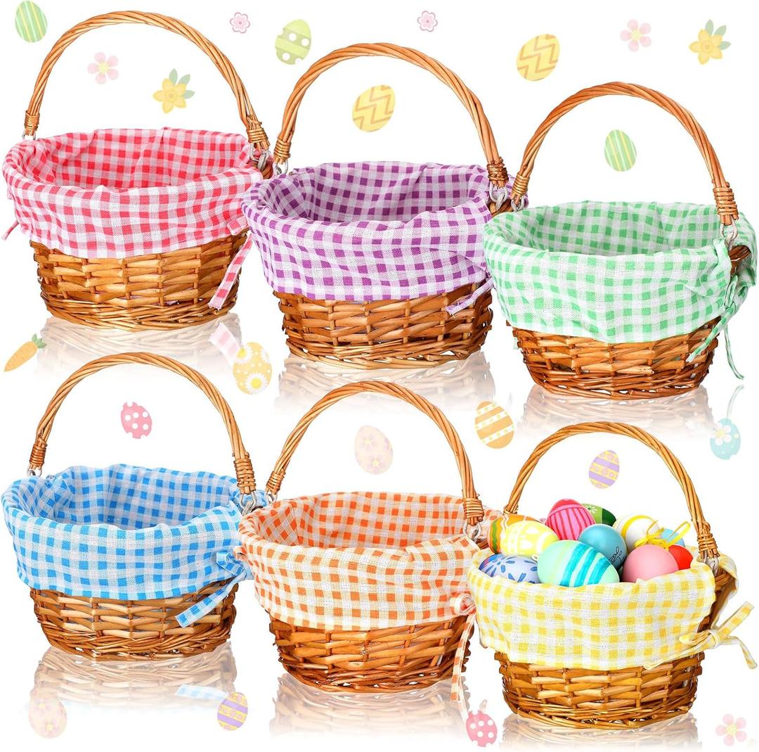Cinnvoice 6 Pcs Easter Baskets with Handle and Liner Easter Eggs Hunt Woven Wicker Baskets Bulk Empty for Picnic Party Rattan Gift Baby's First Egg Hunt Storage Party Supplies(Colorful Plaid)