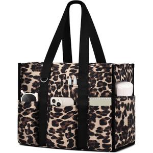 Becokan Large Tote Bag for Women Waterproof with 12 Pockets Top Zipper Closure Utility Teacher Nurse Bags for Work School (Khaki Leopard)