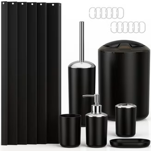 Bathroom Accessories Set Bath Ensemble Includes Soap Dispenser, Toothbrush Holder, Toothbrush Cup, Soap Dish for Decorative Countertop and Housewarming Gift (Shiny black-6pcs)