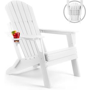 FUNBERRY Folding Adirondack Chair, All Weather HDPE Fire Pit Chairs with Cup Holder for Outdoor (1 Pack, White)