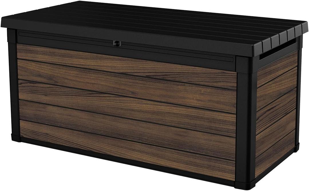 Keter Signature Collection 150 Gallon Resin Deck Box Organization and Storage for Patio Outdoor Cushions, Throw Pillows, Garden Tools and Pool Supplies, Rosewood