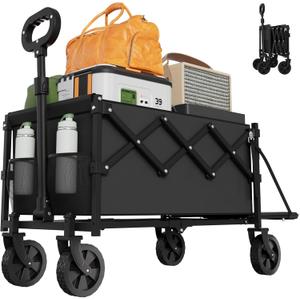 Collapsible Wagon with Wheels, 350lbs Wagons Carts Foldable Wagon Cart with Expandable Storage 100L & Flexible Handle, Lightweight Portable Folding Utility Grocery Shopping Cart for Garden Camping (Medium, Black-upgrade)