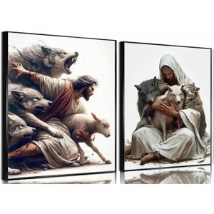 3 x HEIWPMGY Jesus Canvas Painting Jesus Saves The Lost Lambs Wall Art Christian Inspirational Savior God Gift Christian Poster Painting Prints Modern Home Decoration (12x16x2 Unframed)