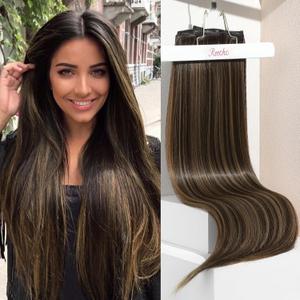 REECHO Clip in Hair Extensions, Hair Extensions Thick Long Lace Weft Lightweight Synthetic Hairpieces for Women (24 Inch-240 Gram(Pack of 5), Dark Brown with Highlights)