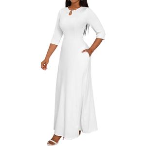 FANDEE Women's Maxi Dress Casual Boho Plain Long Dresses 3/4 Sleeve with Pockets (White)