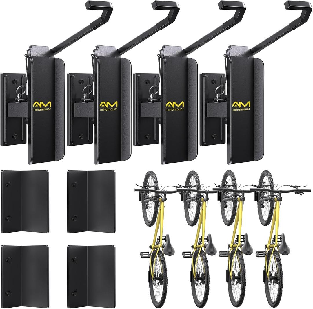 Alphamount AM Swivel Bike Wall Mount, Metal Wall Bike Rack with Durable Sleeves, Space-Saving Vertical Bike Rack with 180 Swivel for Home and Garage, Bike Wall Mount Up to 66 Lbs, 4-Pack