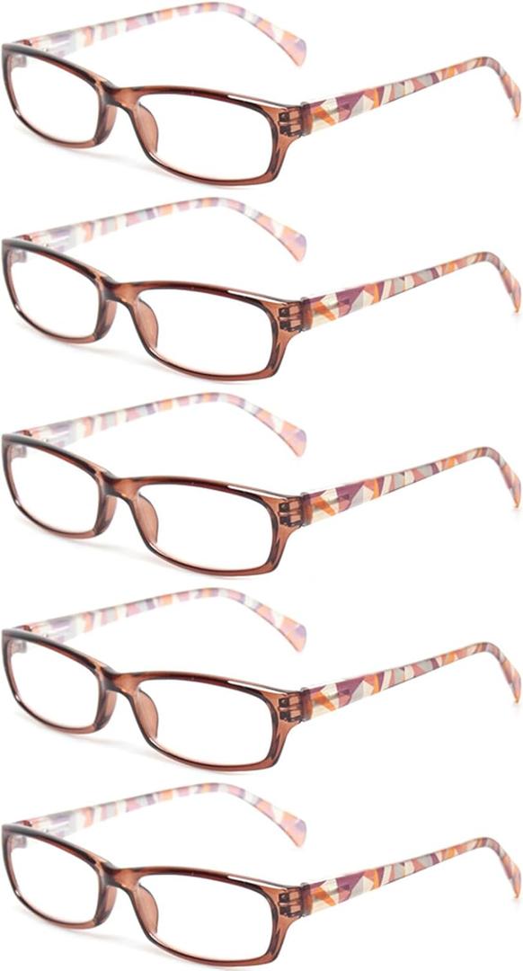 Kerecsen Reading Glasses 5 Pairs Fashion Ladies Readers Spring Hinge with Pattern Print Eyeglasses for Women (5 Brown, 1.5, x)