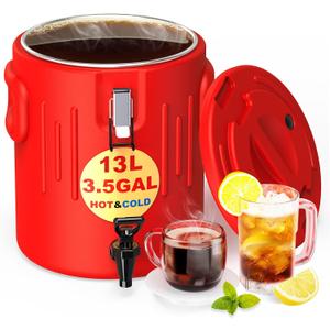 Insulated Beverage Dispenser 3.5 Gallon- Ice and Hot Drink Dispenser with 304 Stainless Steel Interior and Spout, Portable Hot Water Dispenser, Outdoors Cooler Jug for Camping Party Sports, 13 Liter