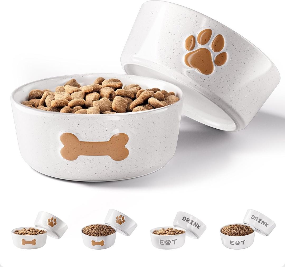 Ceramic Dog Bowl Set of 2 with Anti-Skid Base - 5" Wide x 2" Tall Ceramic Dog Bowls for Small Dogs - 2 Cup Capacity Food and Water Bowls for Dogs - Rubber Bottom Pet Bowl Set of 2 for Small Pets (Brown)