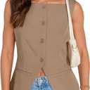UEU Womens Vest Top 4 Button Sleeveless Boat Neck Fully Lined 2025 Trendy Dressy Business Work Blazer Suit Waistcoat (Large, Camel)