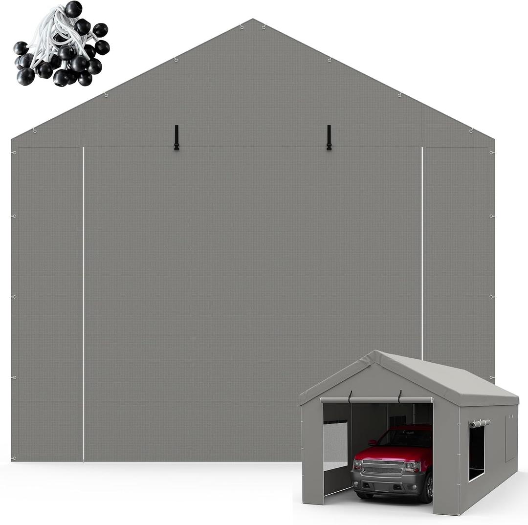Carport Canopy Replacement Zipper Door Fits 12x20 FT Carport, Waterproof & UV Protected, Easy Assembly with Ball Bungees, Grey (Door Panel Only, 1 Pack)