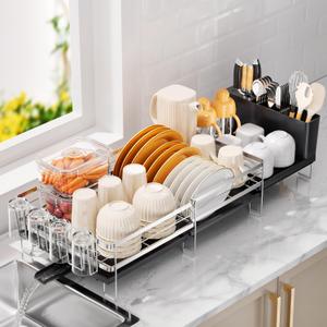 Delamu Stainless Steel Dish Drying Rack, Expandable Dish Drainer, Anti-Rust Large Dish Racks for Kitchen Counter, Dish Strainers with Drainboard, Utensil & Cup Holder, 13.4"-28.7" L x 11.8" W, Silver