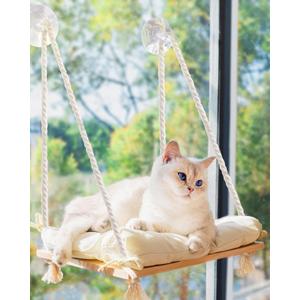 Cat Window Perch with Industrial-Grade Suction Cups - Solid Pine Wood Hammock Bed, Soft Cushion - 42 lb Capacity for Cats Inside (Medium, Beige)