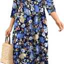 Soesdemo Long Sleeve Dress for Women Casual V Neck Pleated Button Down 3/4 Sleeves Knee Length Midi Dresses with Pockets (Medium, Blue Flowers)