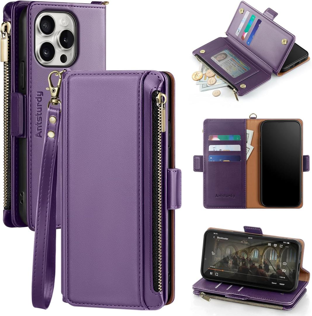 Antsturdy Compatible with iPhone 16 Pro Max Wallet Case,RFID Blocking PU Leather Phone Case Women Men Kickstand flip Cover Wrist Strap Zipper Credit Card Holder Slots for Apple 16 ProMax,Purple