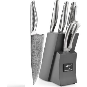 NANFANG BROTHERS 7 Pieces Damascus Kitchen Knife Set, High Carbon Stainless Steel Damascus Steel Chef Knife Set, Stainless Steel Ergonomic Handle for Chef, Knife Block Set for Chopping NF